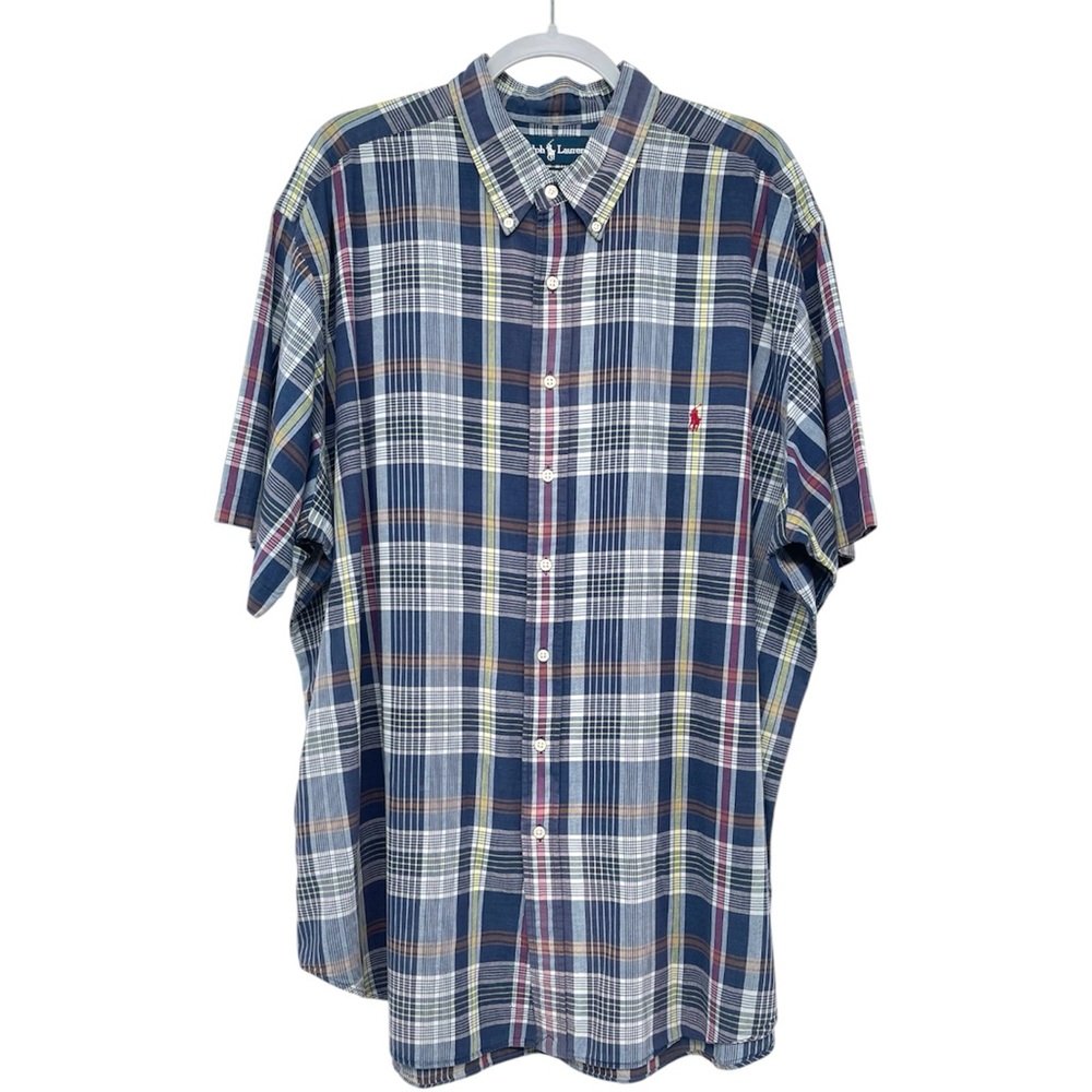 Vintage Ralph Lauren Blair Men 2XLT Short Sleeve Button Up Collard Plaid Shirt